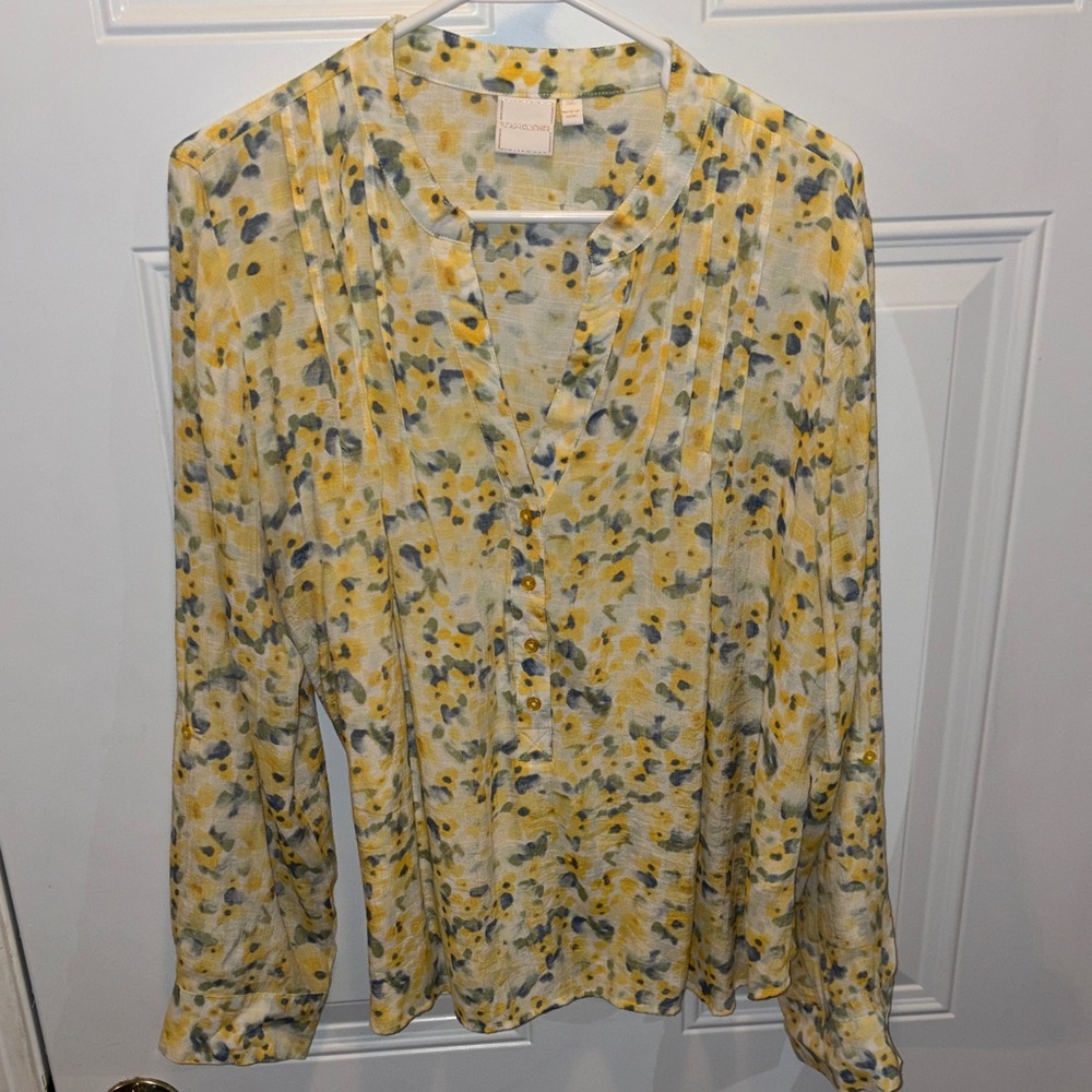 Zac & Rachel Yellow and Gray Floral Split-Neck Blouse